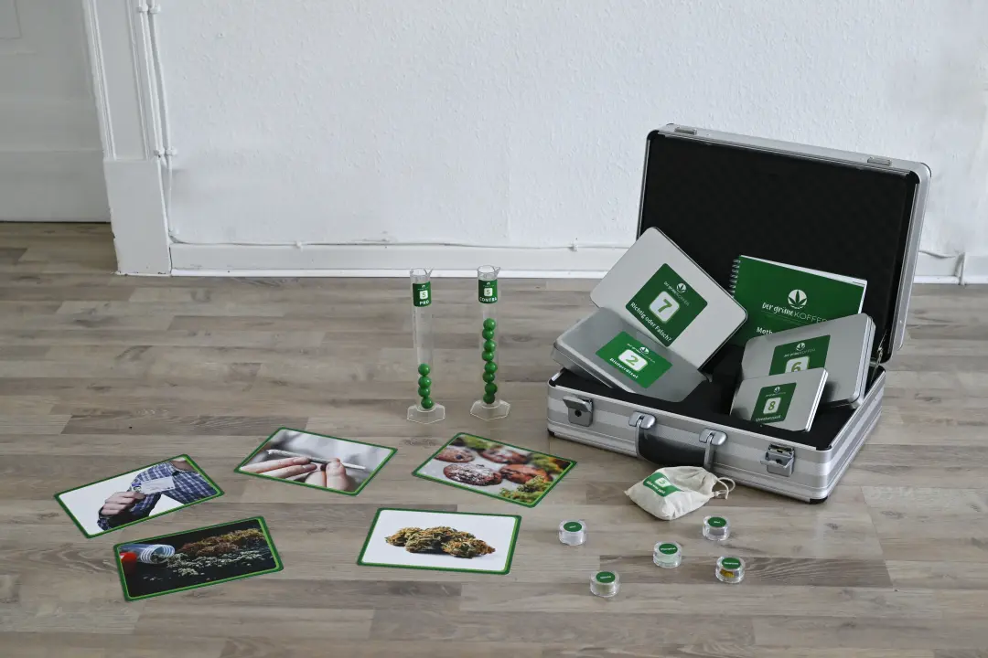 Der grüne Koffer geöffnet mit Inhalt
